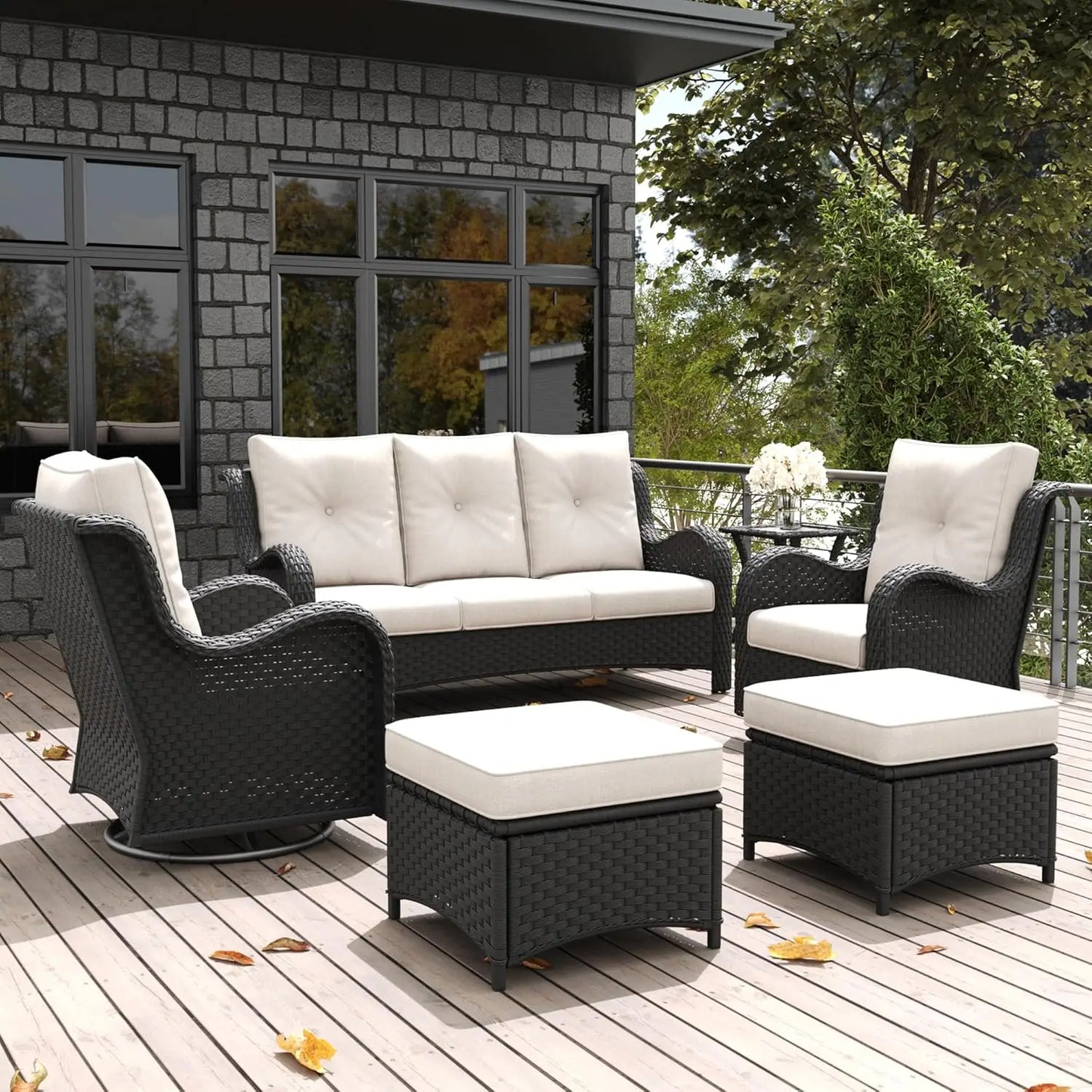 6-Piece Outdoor Patio Furniture Set – Rattan Wicker Sectional with Swivel Rocker Chairs & Ottomans