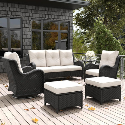 6-Piece Outdoor Patio Furniture Set – Rattan Wicker Sectional with Swivel Rocker Chairs & Ottomans