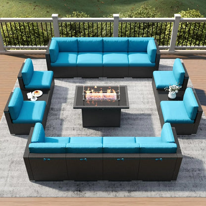 15-Piece Patio Furniture Set with Fire Pit Table – Outdoor Wicker Rattan Sectional Sofa & Coffee Table