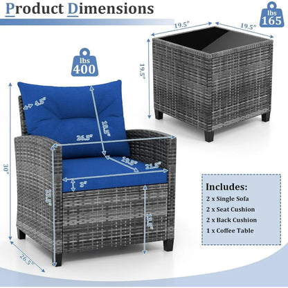 3-Piece PE Rattan Patio Set – Outdoor Conversation Chairs with Washable Cushions & Tempered Glass Tabletop