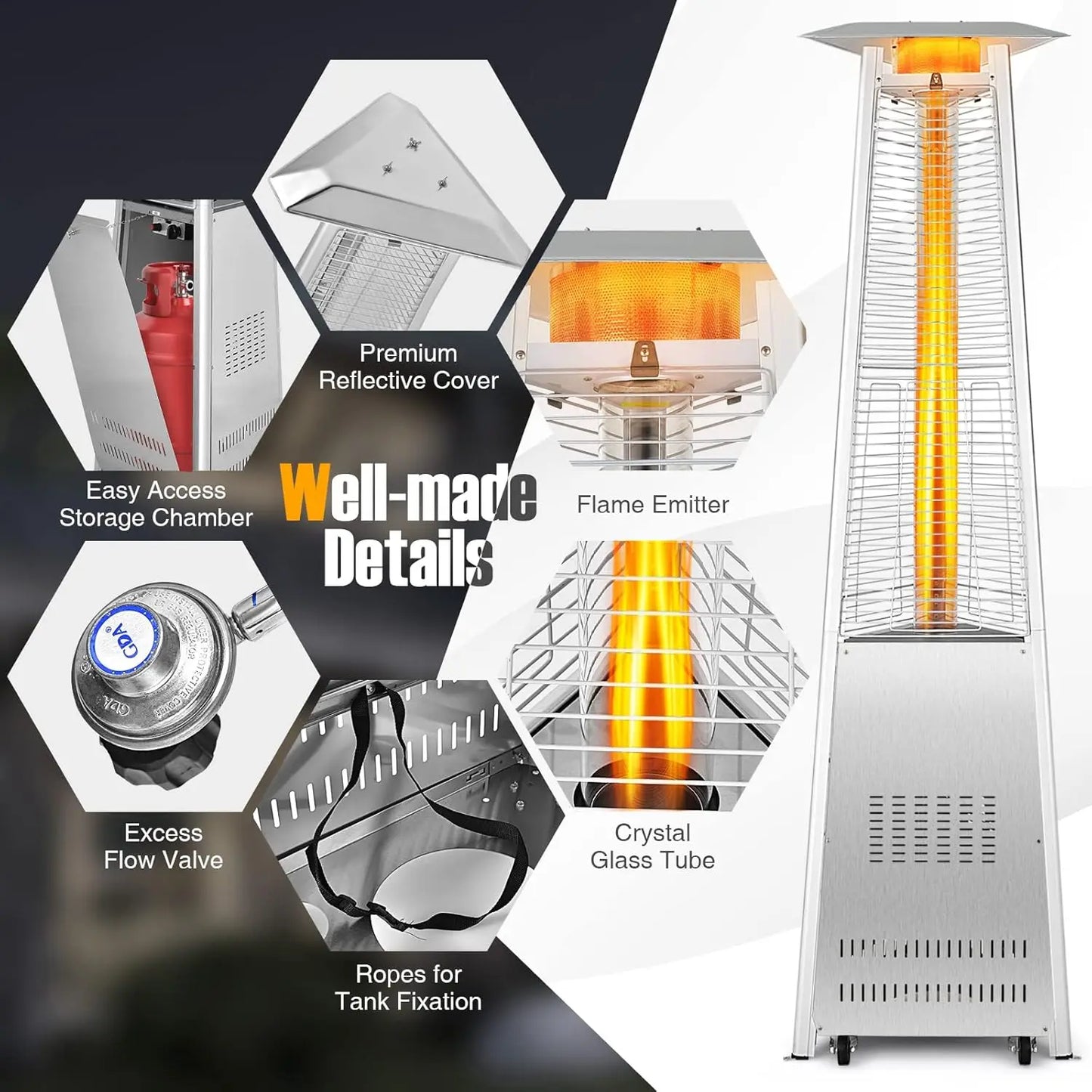 42,000 BTU Outdoor Propane Heater with Tip-Over Protection, Quartz Glass Tube, Wheels for Patio Heating