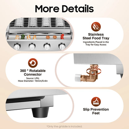 Stainless Steel Smokeless Barbecue Grill, 4 Burners, Outdoor Grill, Portable BBQ LPG Gas Removable Grill for Patio Garden.