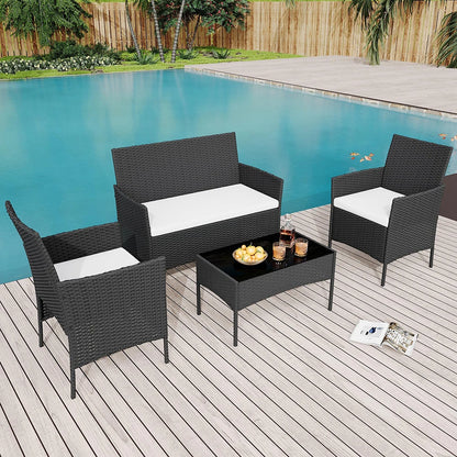 4-Piece PE Rattan Patio Set, 3 Armchairs with Glass-Top Table & Cushions, Outdoor Furniture for Garden & Balcony