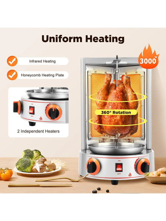 Electric Vertical Broiler – 360° Rotating Shawarma Gas Rotisserie Grill with 2 Burners for Commercial & Home Use
