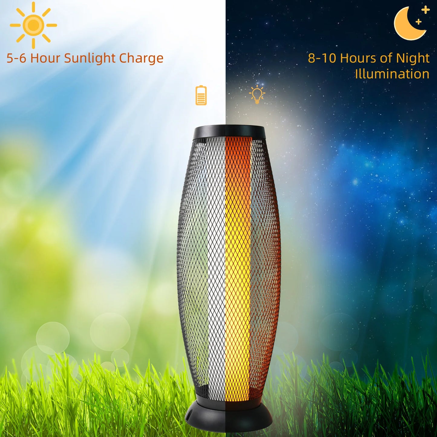 Solar Outdoor Floor Lamp – LED Flickering Lantern with Metal Wire Shade, Weather-Resistant