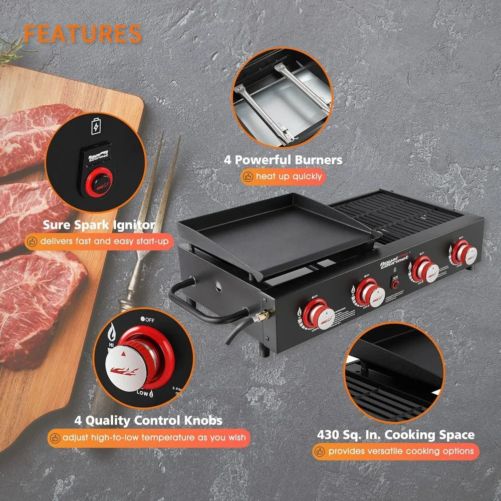 GD4002T 4-Burner Tailgater Grill and Griddle Combo, Portable Flat Top Propane Gas Grill with 40,000 BTUs Output for Backyard or Camping.