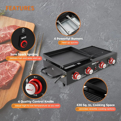 GD4002T 4-Burner Tailgater Grill and Griddle Combo, Portable Flat Top Propane Gas Grill with 40,000 BTUs Output for Backyard or Camping.