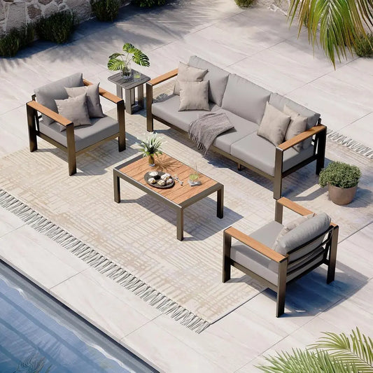 Gray 4-Piece Outdoor Patio Furniture Set with Cushions, Ideal for Balcony, Deck & Poolside