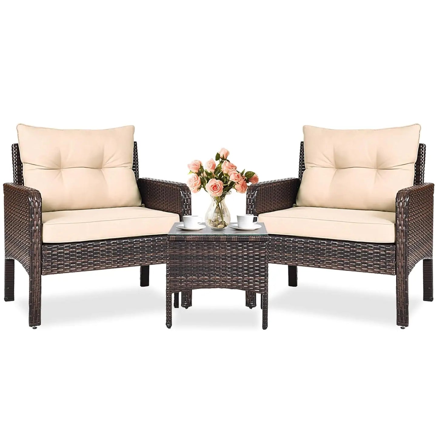 3-Piece Outdoor PE Rattan Bistro Set with Cushions, All-Weather Design