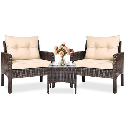 3-Piece Outdoor PE Rattan Bistro Set with Cushions, All-Weather Design