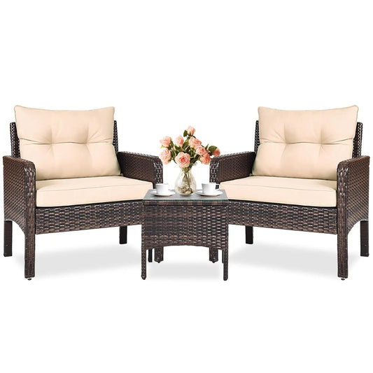 3-Piece Outdoor PE Rattan Bistro Set with Cushions, All-Weather Design