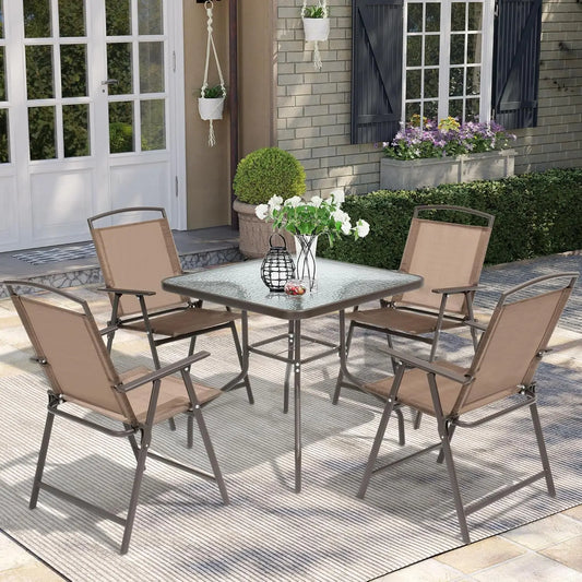 5-Piece Outdoor Dining Set, Patio Table & 4 Folding Chairs, Metal Furniture Set