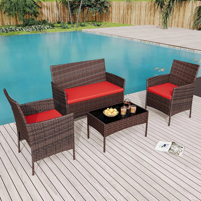 4-Piece PE Rattan Patio Set, 3 Armchairs with Glass-Top Table & Cushions, Outdoor Furniture for Garden & Balcony