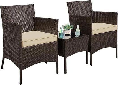 3-Piece Outdoor Patio Furniture Set, PE Rattan Wicker Conversation Set with Soft Cushions & Glass Coffee Table