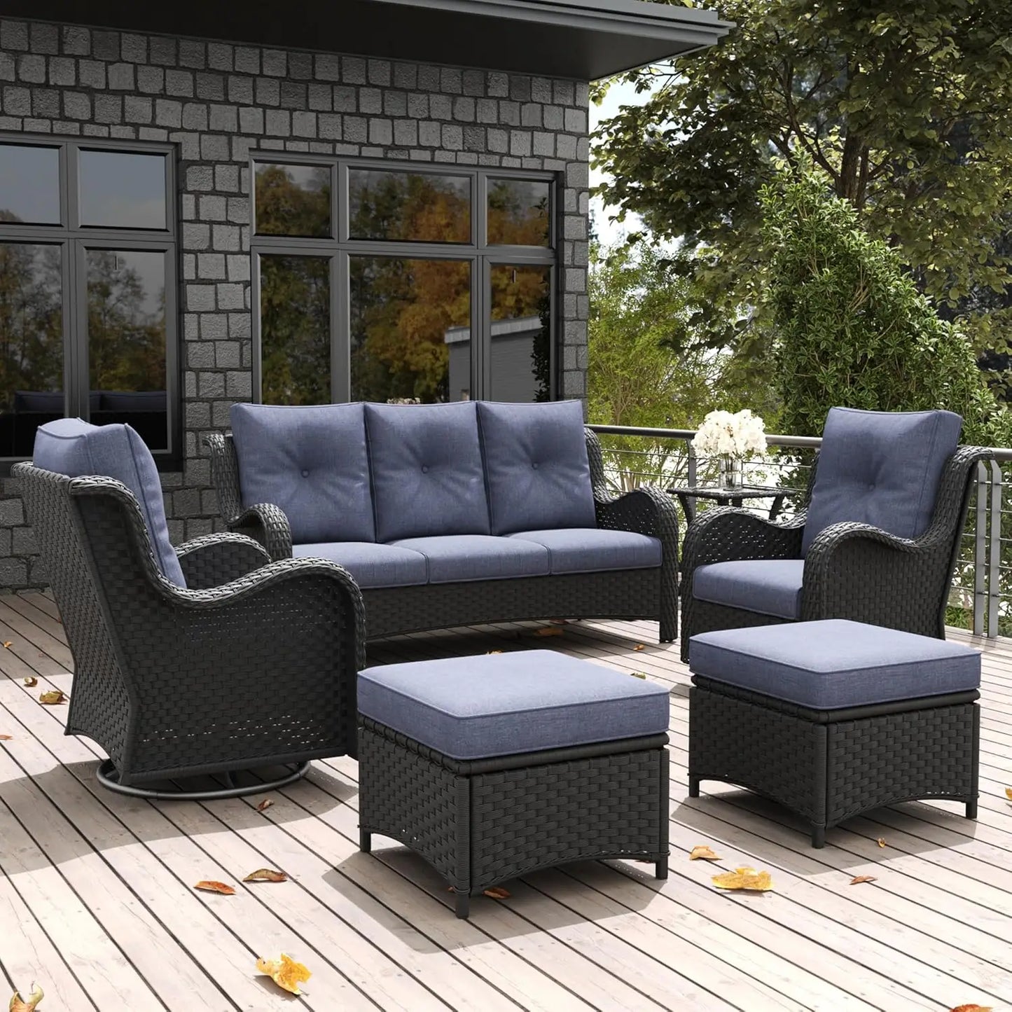 6-Piece Outdoor Patio Furniture Set – Rattan Wicker Sectional with Swivel Rocker Chairs & Ottomans
