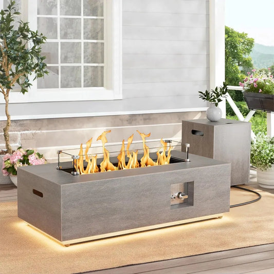 2-Piece Outdoor Propane Fire Pit Table Set w/ Tank, Table 42'' Rectangular Firepit, Gas Fire Pits for Outside Patio Table Fire Pit