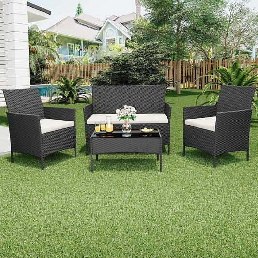 4-Piece PE Rattan Patio Set, 3 Armchairs with Glass-Top Table & Cushions, Outdoor Furniture for Garden & Balcony