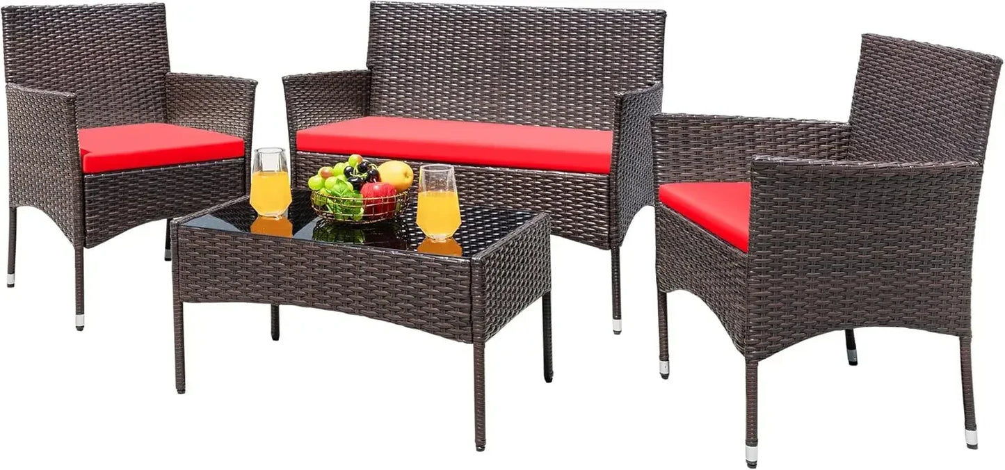 4-Piece Outdoor Patio Furniture Set, Wicker Rattan Conversation Set for Garden, Backyard & Balcony
