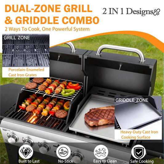 Gas Grill & Flat-Top Griddle Combo, 54,000 BTU Dual Cooking System, 5-Burner Grill Stove, Stainless Steel Panel for Outdoor Cooking.