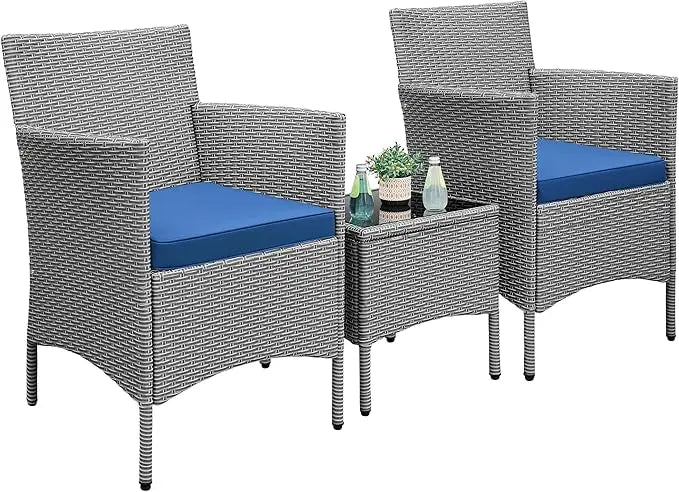 3-Piece Outdoor Patio Furniture Set, PE Rattan Wicker Conversation Set with Soft Cushions & Glass Coffee Table