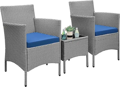 3-Piece Outdoor Patio Furniture Set, PE Rattan Wicker Conversation Set with Soft Cushions & Glass Coffee Table