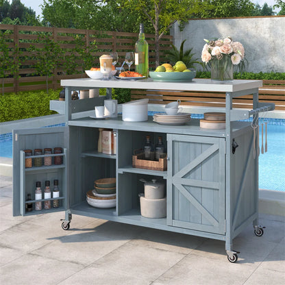 Portable Bar Tables- Outdoor Grill Prep Table with Storage- Tabletop Spice Rack- Internal Storage Racks- 4 Locking Mobile Wheels