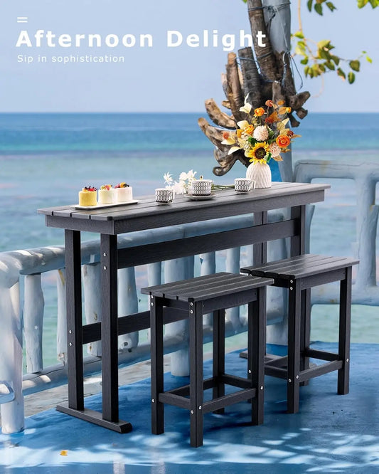 3-Piece Outdoor Bar Set – HDPE High-Top Table & 2 Chairs for Patio, Balcony, or Poolside (Gray)