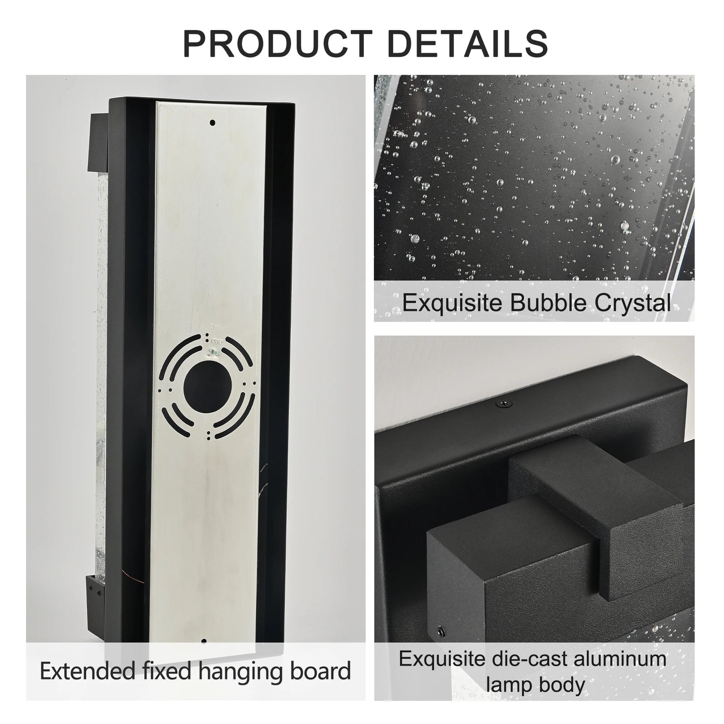 Black Aluminum LED Outdoor Wall Light – Bubble Crystal Glass, Warm Light, Waterproof (1 pc)