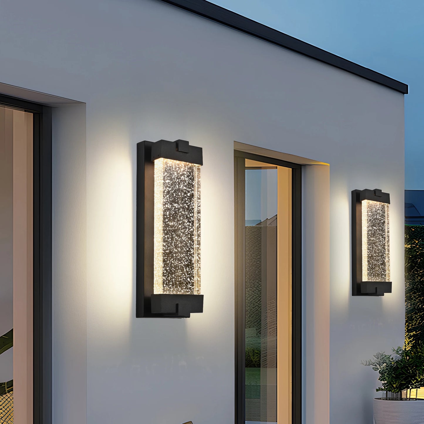 Black Aluminum LED Outdoor Wall Light – Bubble Crystal Glass, Warm Light, Waterproof (1 pc)