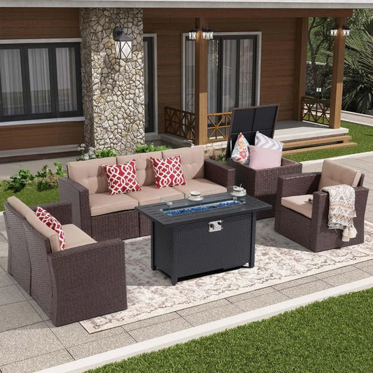8-Piece Outdoor Patio Furniture Set, Rattan Conversation Set with 50,000 BTU Gas Fire Pit, Wicker Sectional Sofa