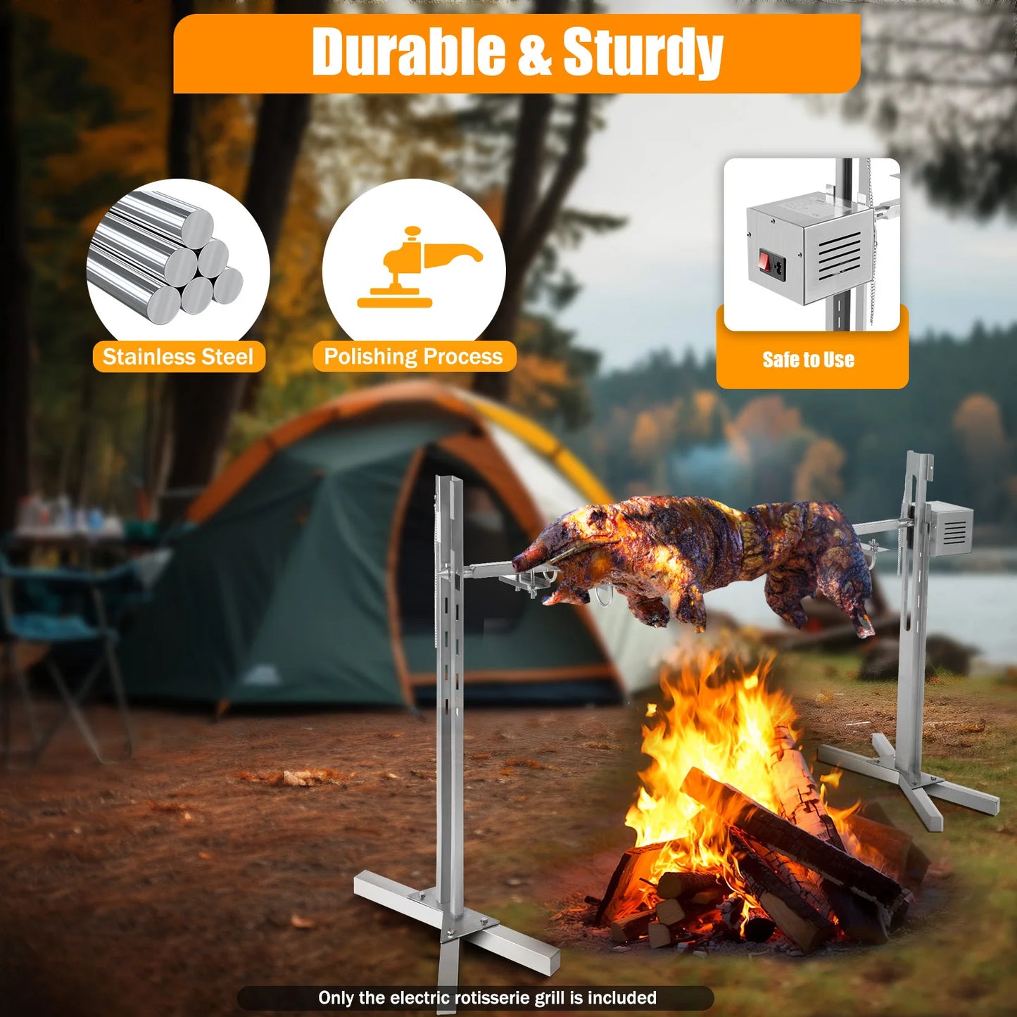 Electric Stainless Steel Rotisserie Grill – 360° Rotation, Adjustable Height for Outdoor Cooking