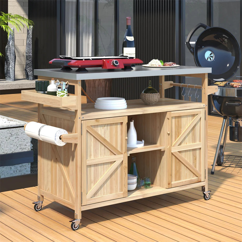 Portable Bar Tables- Outdoor Grill Prep Table with Storage- Tabletop Spice Rack- Internal Storage Racks- 4 Locking Mobile Wheels