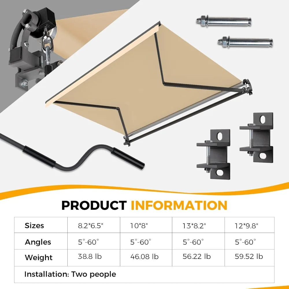 8.2' x 6.5' Retractable Patio Awning with Manual Crank & Waterproof Cover