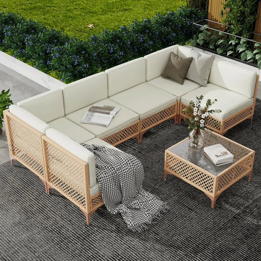 Outdoor Wicker Patio Furniture Set, Boho Sectional Conversation Sofa with Large Tempered Glass Coffee Table