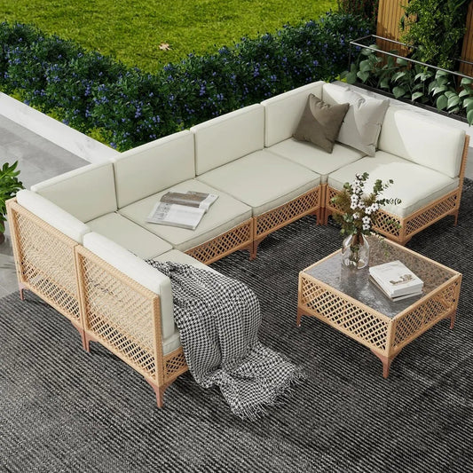 Outdoor Wicker Patio Furniture Set, Boho Sectional Conversation Sofa with Large Tempered Glass Coffee Table