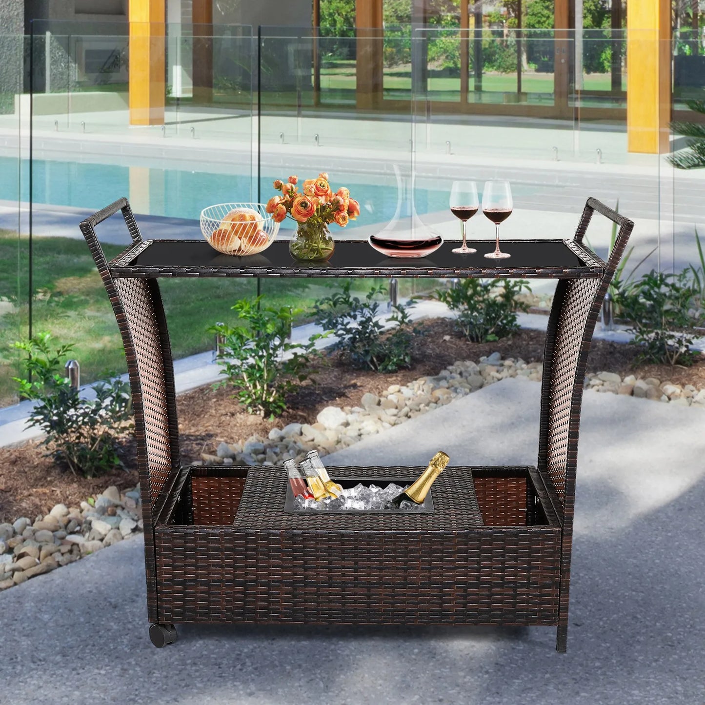 Rattan Patio Bar Cart- Beverage Bar Counter Table w/ Wheels & Ice Bucket