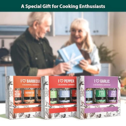 Spice Seasoning Set of 9 with Integrated Grinders- Individual Spice Grinder Pure and Fresh Perfect for BBQ Seasoning Gift Set