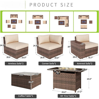 7-Piece Outdoor Patio Furniture Set, Wicker Conversation Set with 44" Fire Pit Table, Thick Cushions