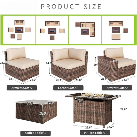 7-Piece Outdoor Patio Furniture Set, Wicker Conversation Set with 44" Fire Pit Table, Thick Cushions