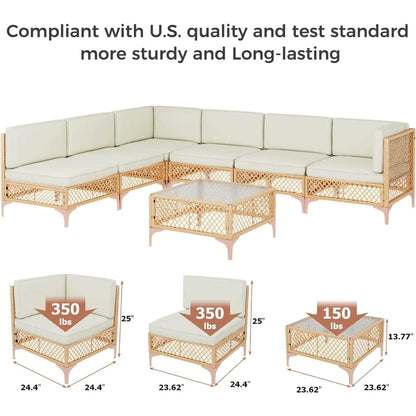 Outdoor Wicker Patio Furniture Set, Boho Sectional Conversation Sofa with Large Tempered Glass Coffee Table