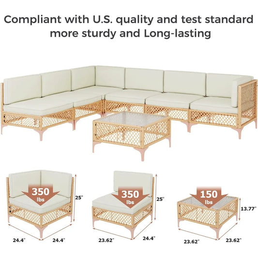 Outdoor Wicker Patio Furniture Set, Boho Sectional Conversation Sofa with Large Tempered Glass Coffee Table