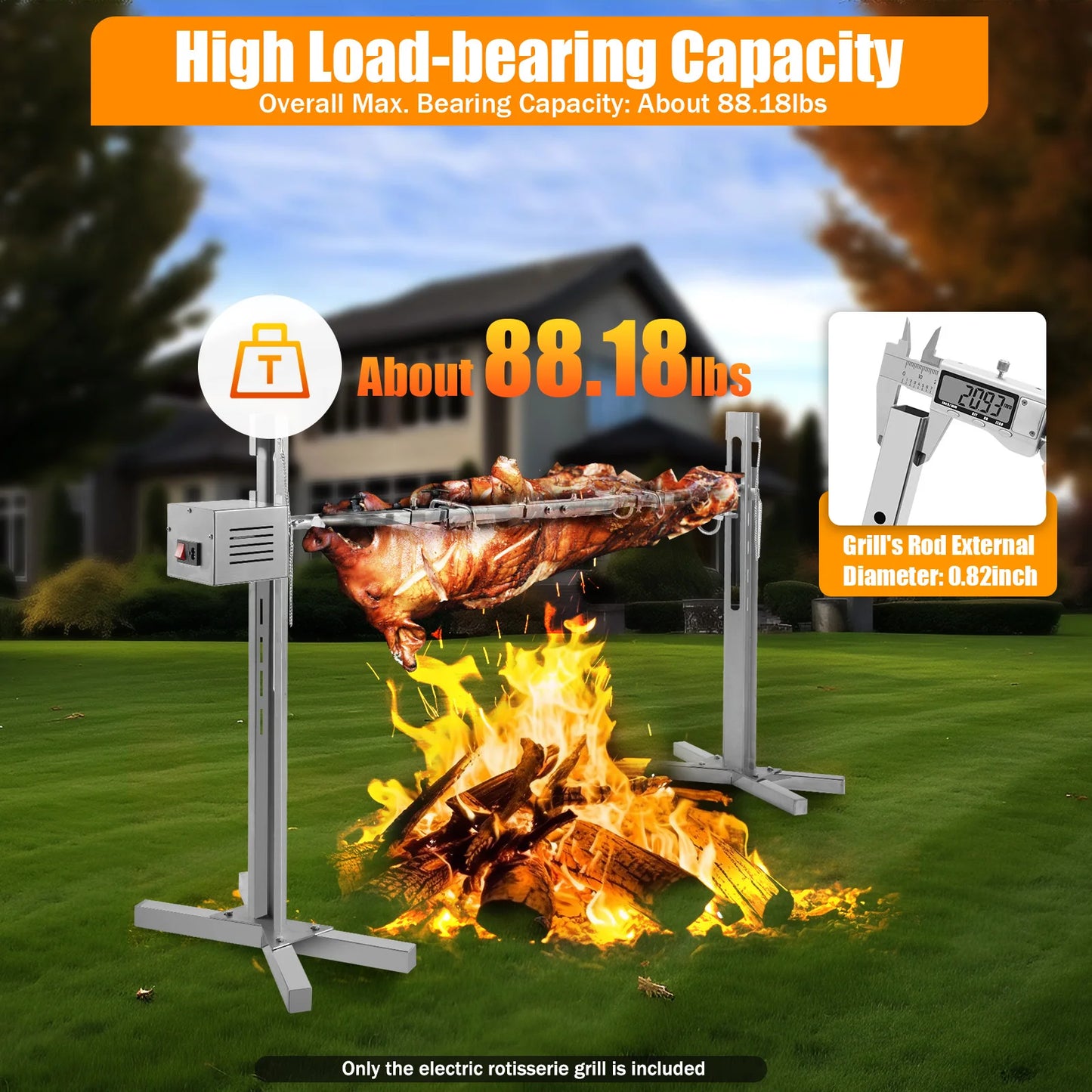 Electric Stainless Steel Rotisserie Grill – 360° Rotation, Adjustable Height for Outdoor Cooking