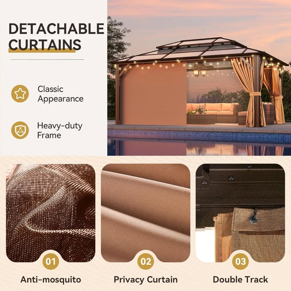 12'x16' Hardtop Gazebo, Outdoor Metal Gazebo with Double Polycarbonate Roof Canopy, Permanent Pavilion with Netting, Customized to Your Liking