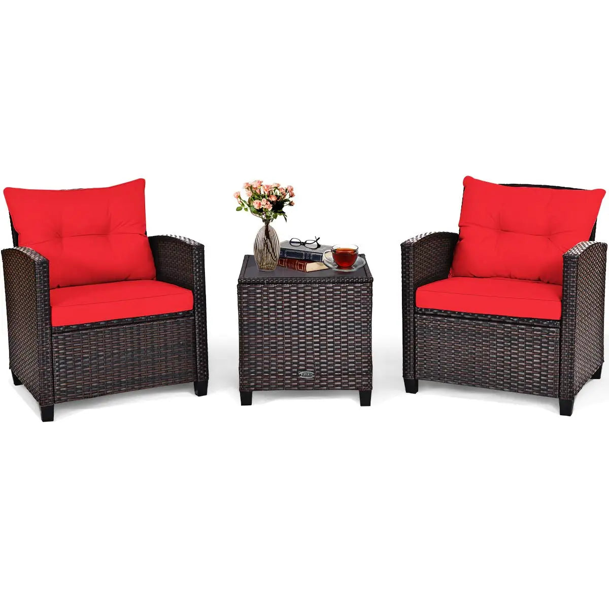 3-Piece Patio Furniture Set – PE Rattan Wicker Sofa Set with Washable Cushions & Tempered Glass Table