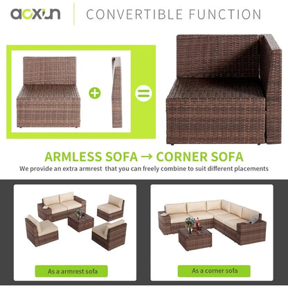 7-Piece Outdoor Patio Furniture Set, Wicker Conversation Set with 44" Fire Pit Table, Thick Cushions