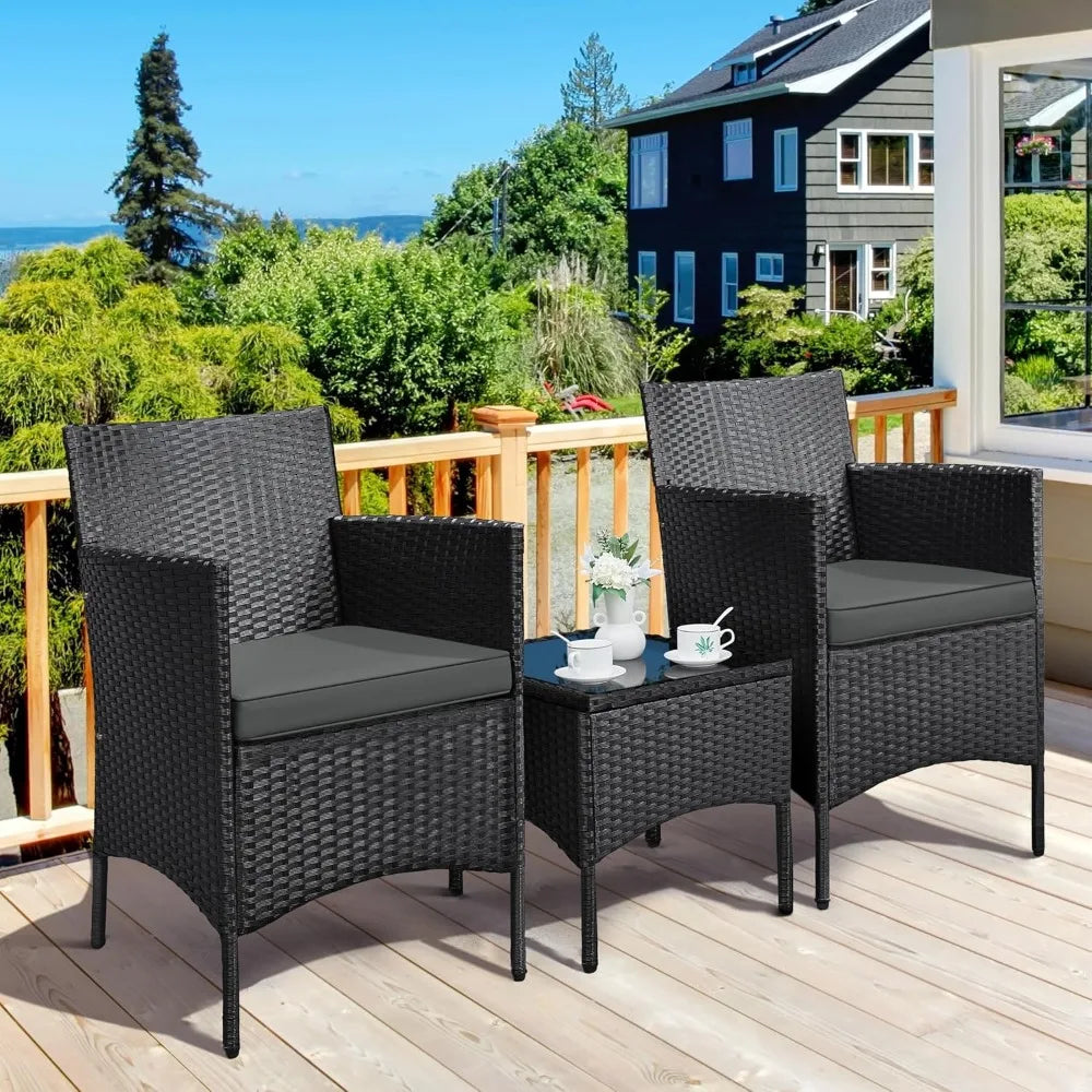 3-Piece Outdoor Patio Furniture Set, PE Rattan Wicker Conversation Set with Soft Cushions & Glass Coffee Table