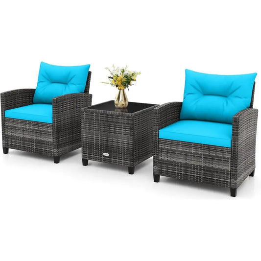 Outdoor Wicker Bistro Set – 2 Cushioned Chairs & Glass Table in Gray & Turquoise for Patio, Balcony & Poolside
