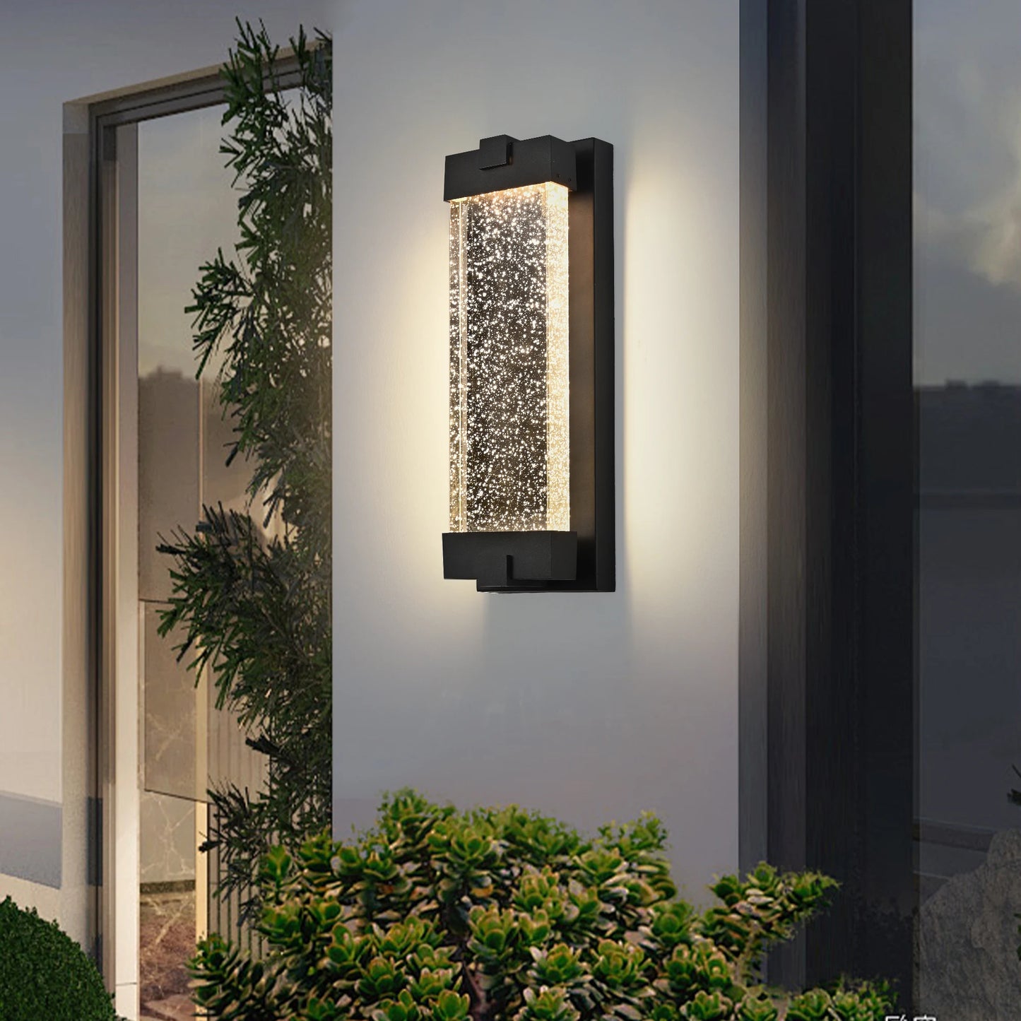 Black Aluminum LED Outdoor Wall Light – Bubble Crystal Glass, Warm Light, Waterproof (1 pc)