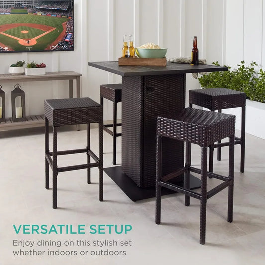 5-Piece Outdoor Rattan Bar Table & Chair Set – Built-In Bottle Opener & Hidden Storage Rack