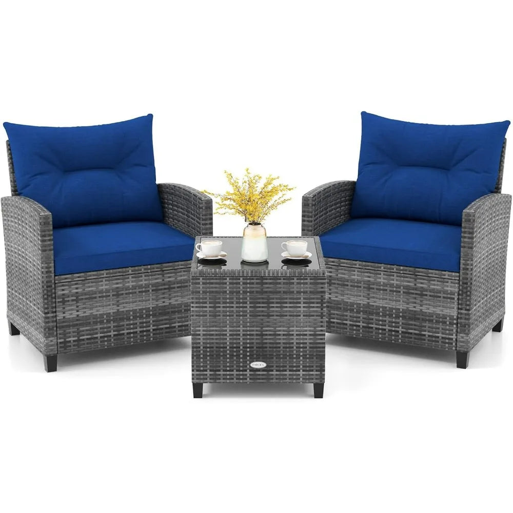 3-Piece PE Rattan Patio Set – Outdoor Conversation Chairs with Washable Cushions & Tempered Glass Tabletop
